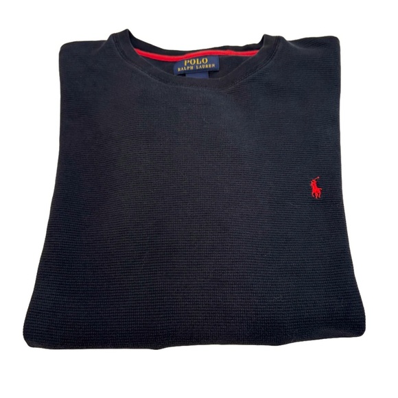 Polo Ralph Men’s Long Sleeve Shirt Waffle Knit Black 100% Cotton Red Pony - Picture 1 of 6